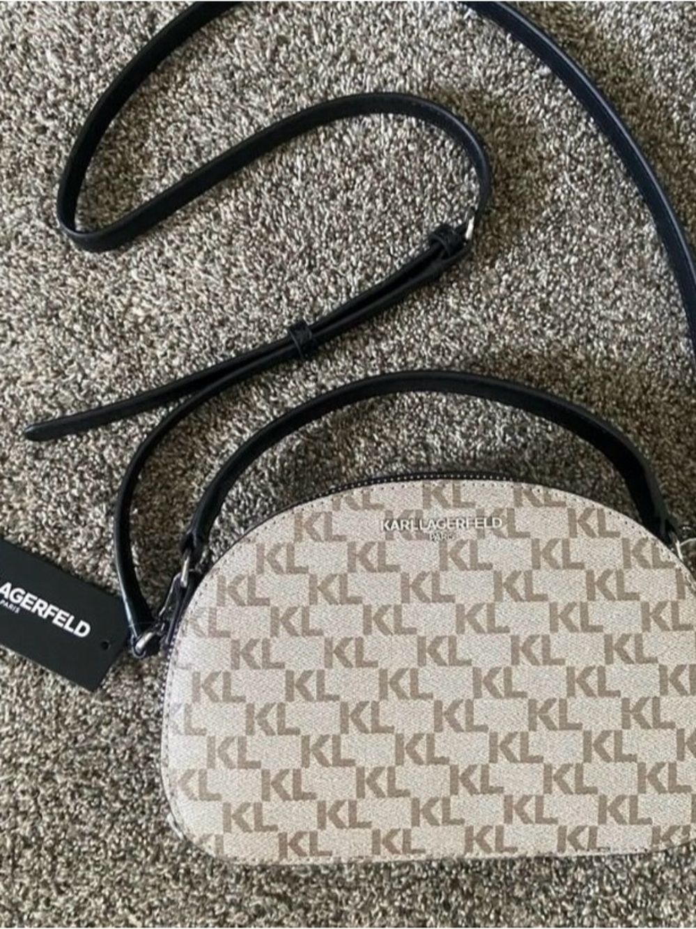 Karl Lagerfeld Beige KL Monogram Dome Crossbody with Black Trim - Picture 1 of 6
